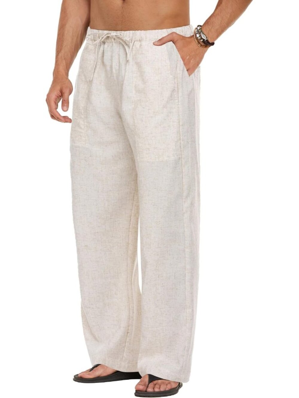 Men Linen Pants Casual Elastic Waist Drawstring Pants Summer Beach